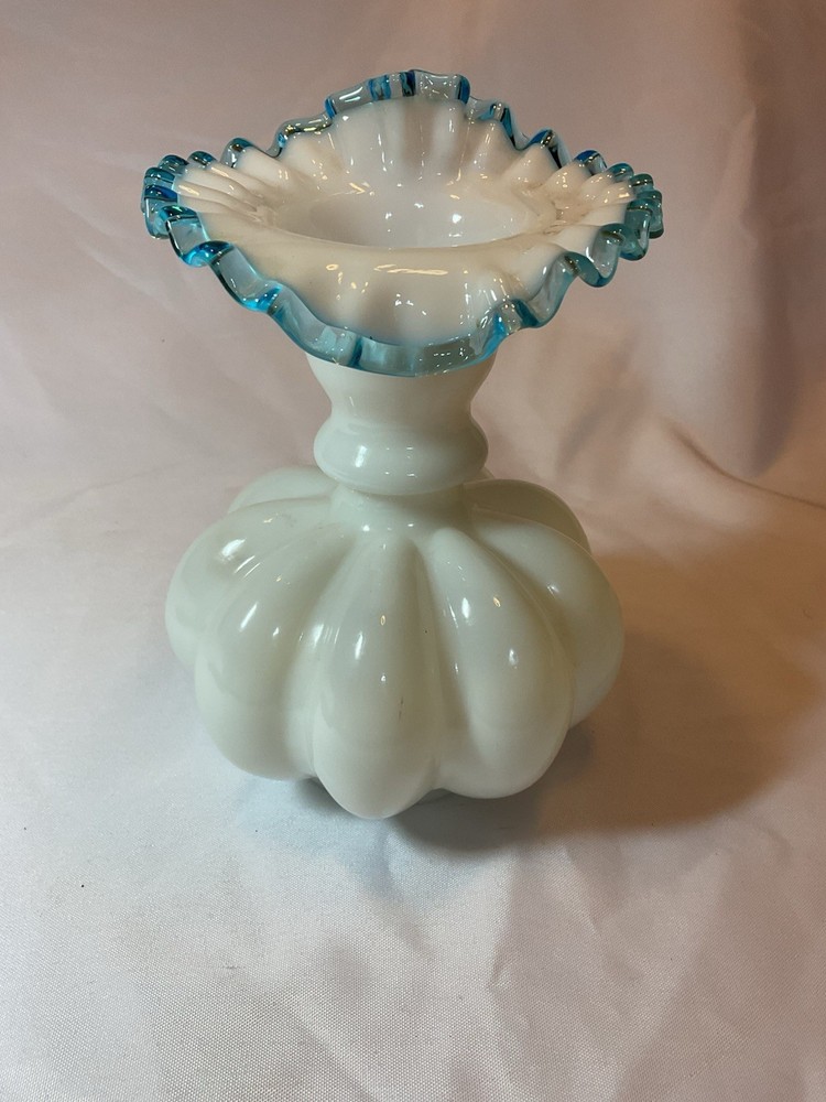 Vintage Fenton Ruffled Aqua Crest Edge White Milk Glass Melon Vase 8.5” Tall