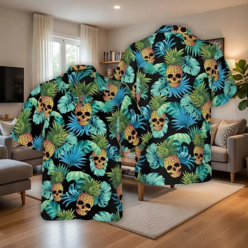 Skull Pineapple Hawaiian Shirt Tropical Beach Aloha Summer Men