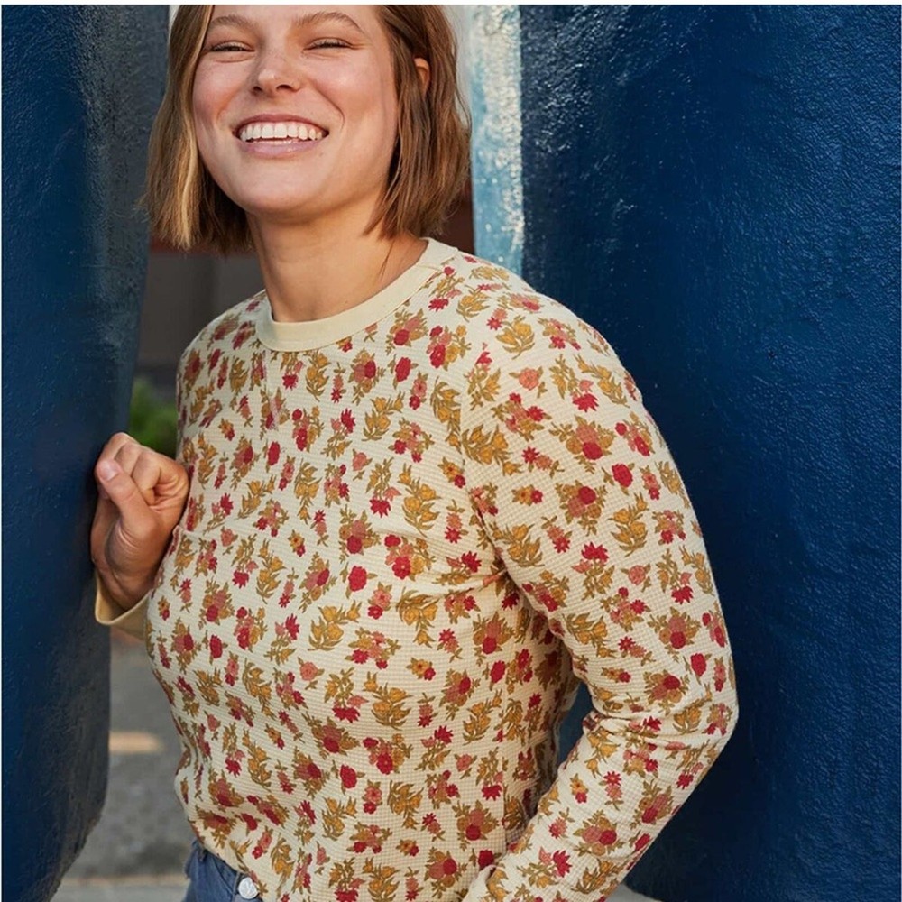 Toad&Co Foothill Crew Organic Cotton Floral Long Sleeve Waffle Tee Top Large