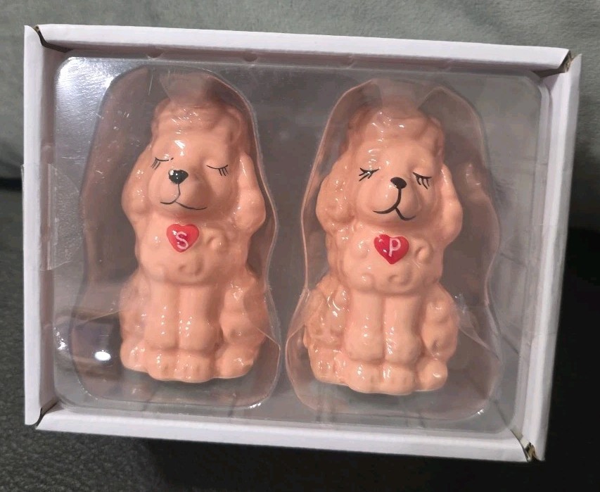 Hand Painted PINK FRENCH POODLE DOG SALT AND PEPPER SHAKERS Boston Warehouse