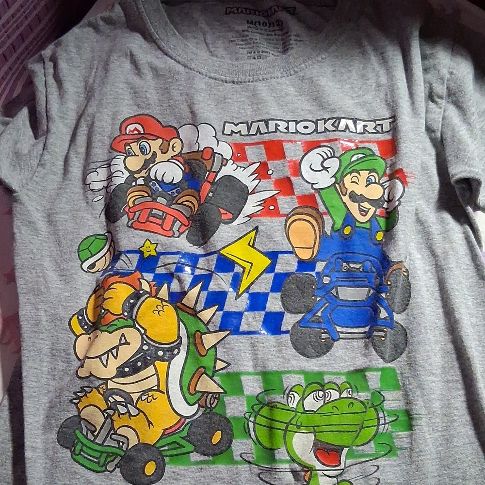 Mario Kart Boys Graphic T-Shirt Gray Crew Neck Regular Fit M Mario Luigi
