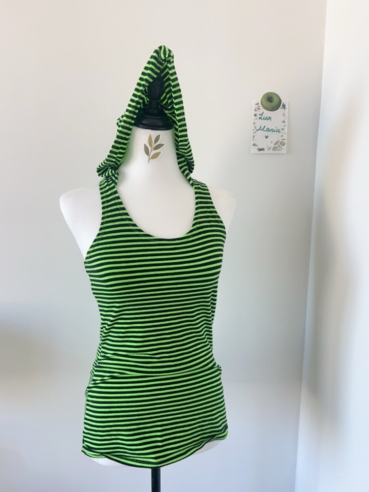 Casual Neon Green Black Striped Hooded Tank Top S Y2K Goth Grunge Rave Party