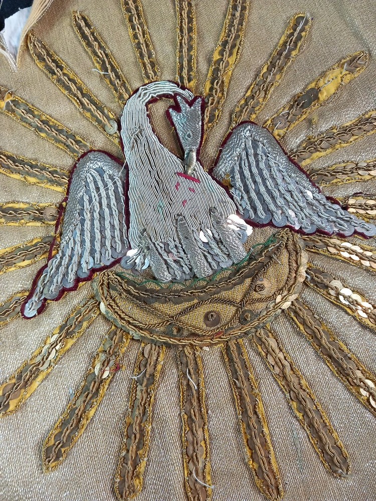 19th Century Embroidery Canetille Pearl Pelican Catholic Religion Altar Linen