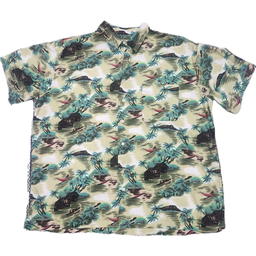Old Navy Hawaiian Shirt Men XXL Beige Tropical Island Camp Aloha Button Up