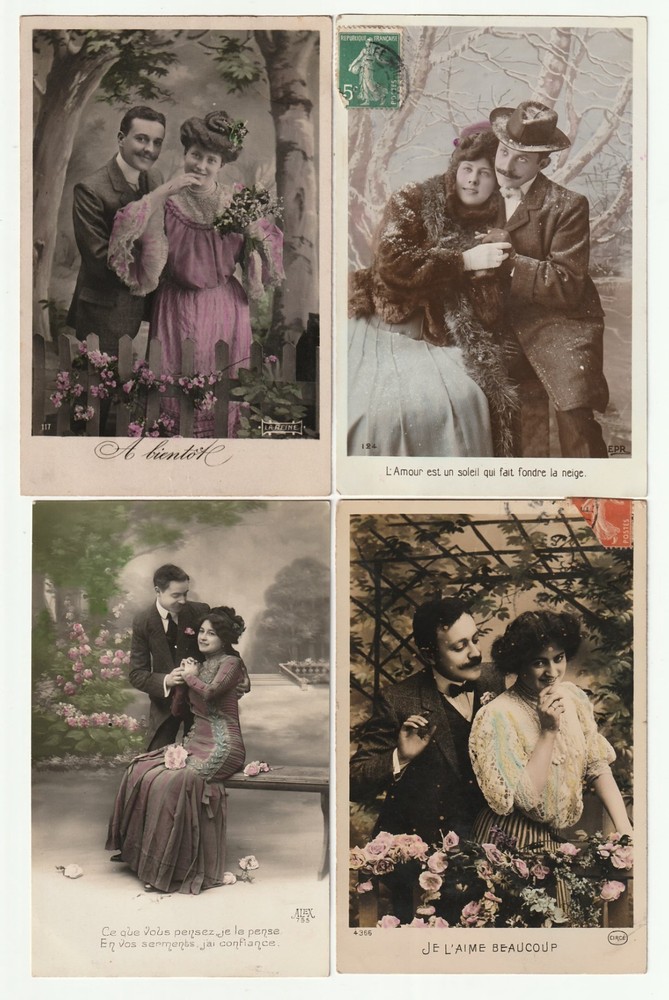 5 Antique French Romantic Postcards Hand Colored Early 1900s
