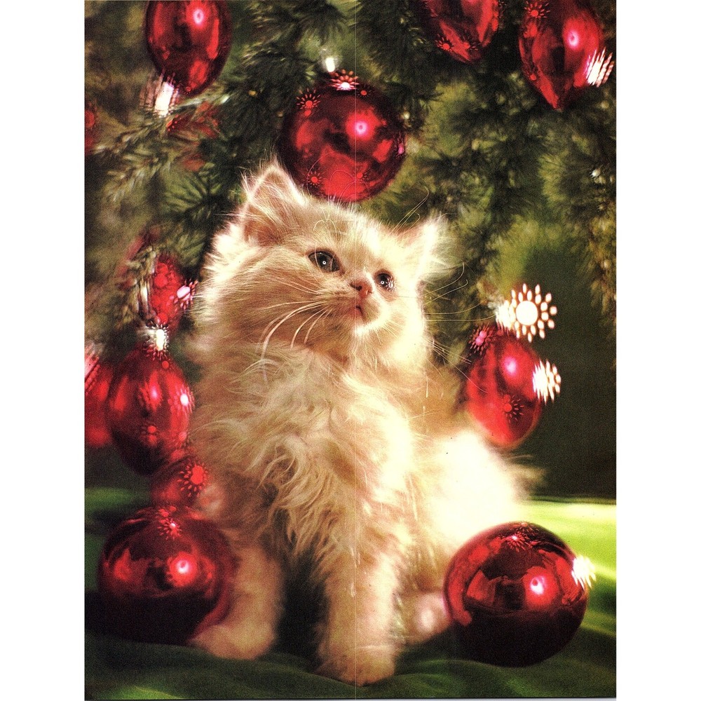 Cute White Cat Under a Christmas Tree 1970s Retro Kitsch Wall Art Print SE9