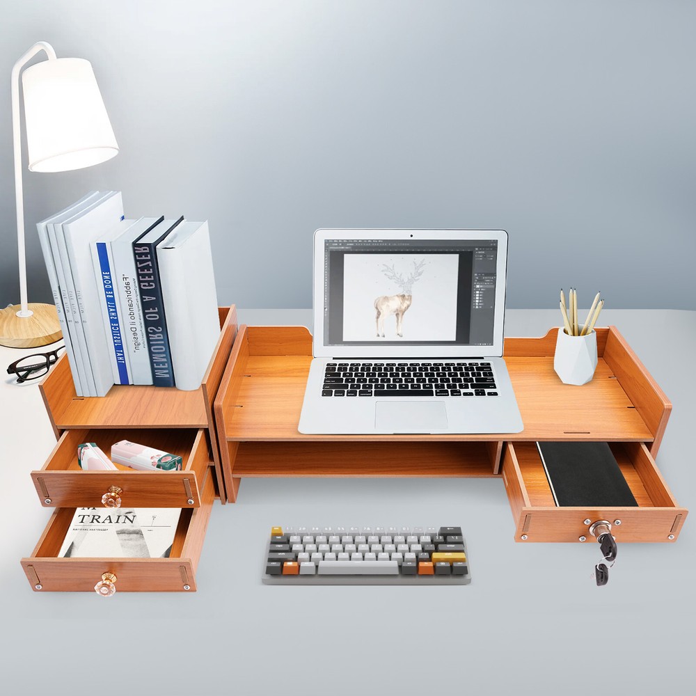 Wooden Desk Organizer with Drawers for Office Supplies and Computer Desktop