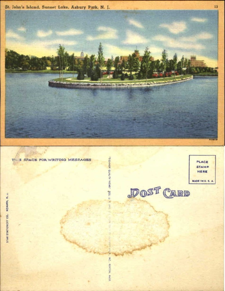 St Johns Island Sunset Lake Asbury Park New Jersey NJ unused vintage postcard
