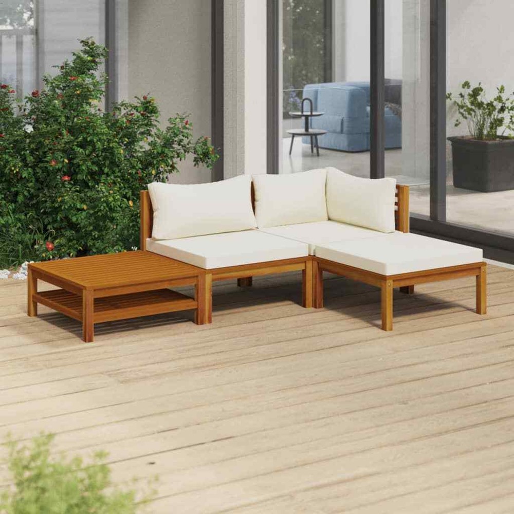 NNEVL 4 Piece Garden Lounge Set with Cream Cushion Solid Acacia Wood