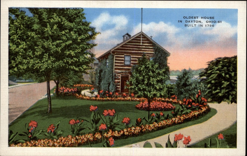 Old house in Dayton Ohio built 1796 log home construction ~ 1930s linen postcard