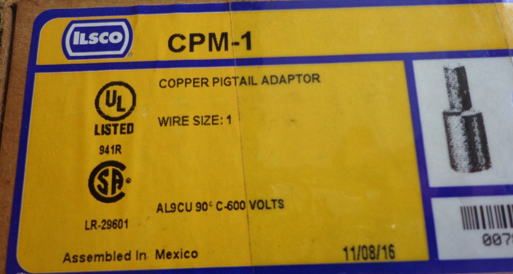 Ilsco CPM-1 1 AWG, Electro Tin Plated Copper, Copper Pigtail Adapter, 1 pc, New!