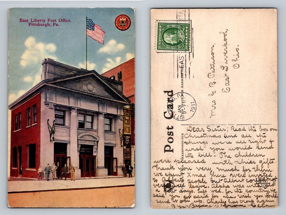 Pittsburgh, PA-Pennsylvania East Liberty Post Office Flag Vintage c1911 Postcard