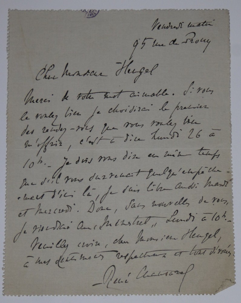 CHANSAREL André - AUTOGRAPH LETTER CARD SIGNED TO Henri HEUGEL, PARIS 1905