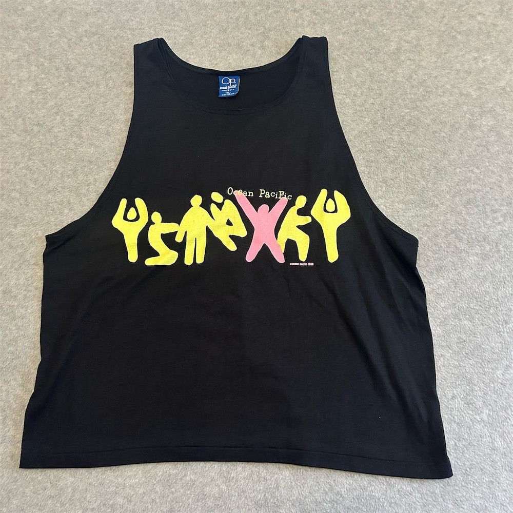 Vintage Ocean Pacific Tank Top Men’s XL Black Bold Graphic 1988 80s Made in USA