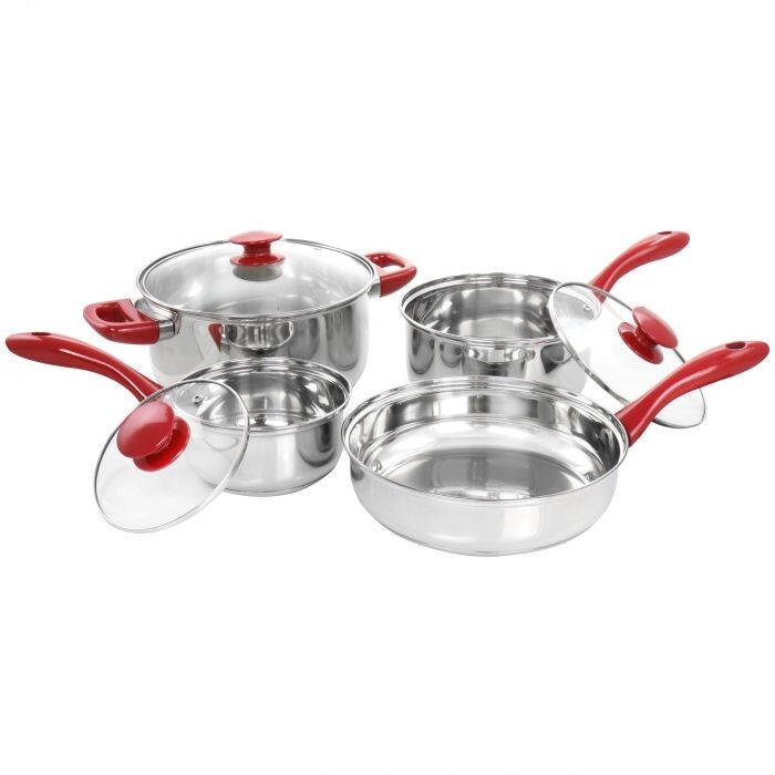 Gibson Home Crawson 7 Piece Stainless Steel Cookware Set in Chrome w Red Handles
