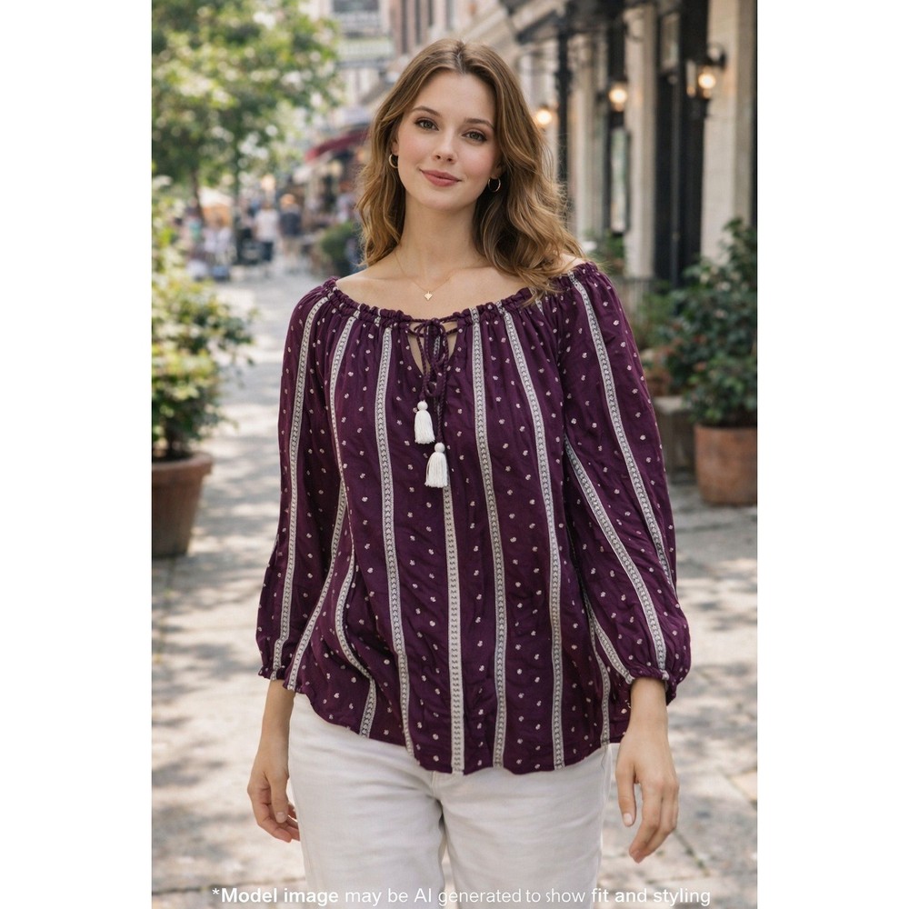 Lane Bryant Plum Boho Peasant Blouse Tassel Tie Top Size 14/16
