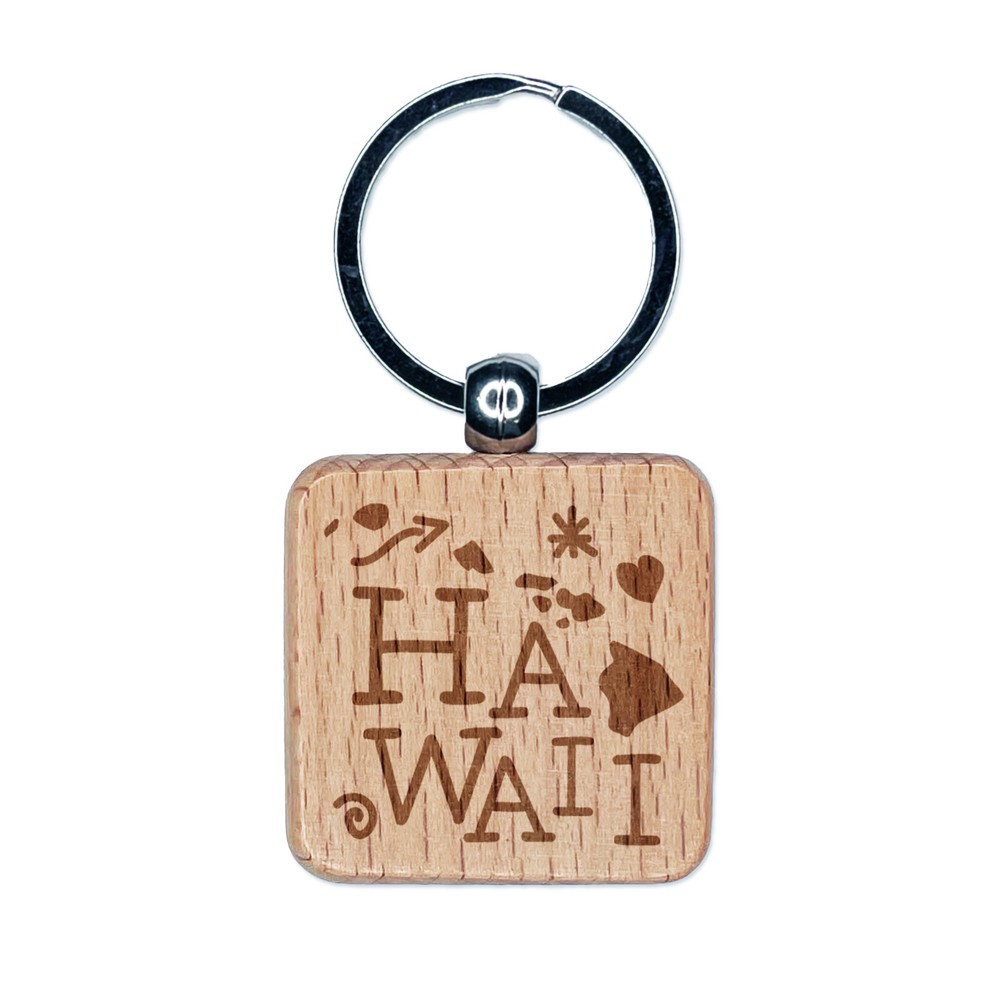 Hawaii State with Text Swirls Engraved Wood Square Keychain Tag Charm