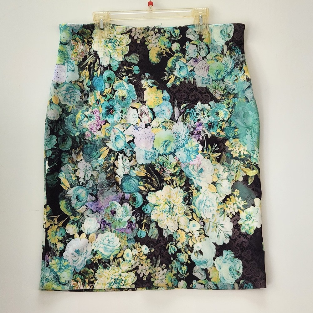 New York Co Stretch Skirt Womens XL Green Floral Lined Elastic Waist Stretch EUC