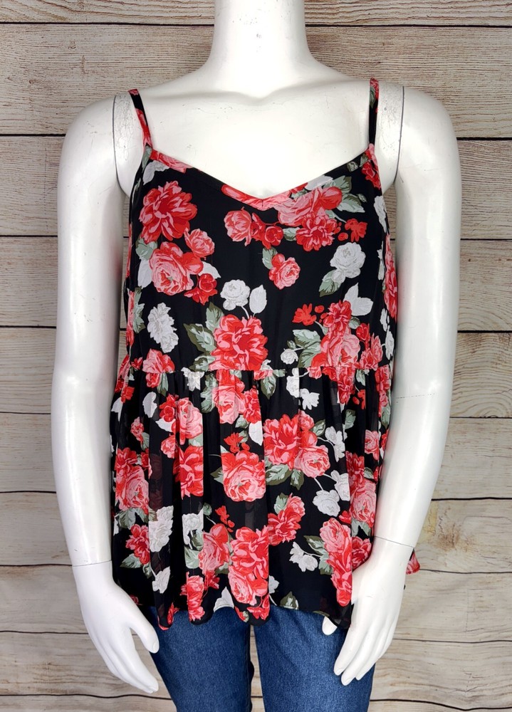 TORRID 1 Women's Black Red Floral Chiffon Babydoll Peplum Tank V-Neck & Back 1X
