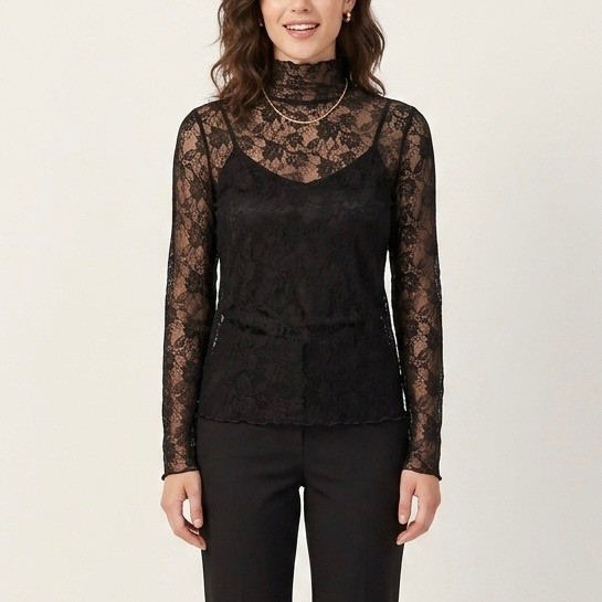 By Anthropologie Black Floral Lace Layering Turtleneck Long Sleeve Sheer Top XL