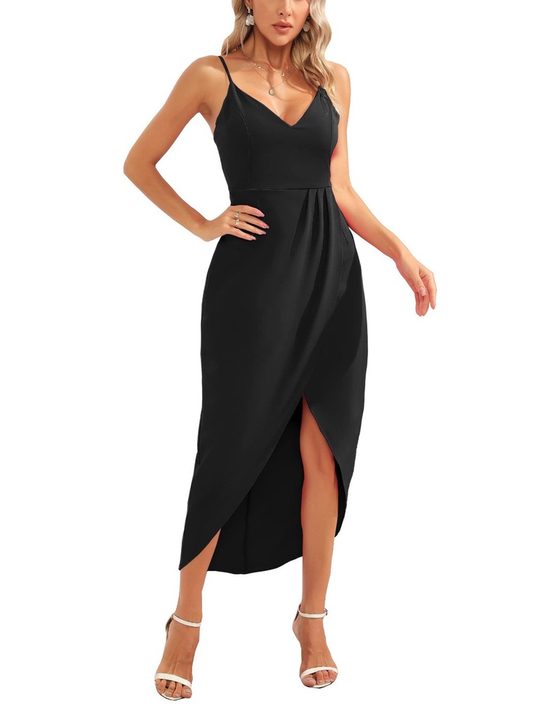 CMZ2005 V Neck Backless Maxi Dress Sleeveless Spaghetti Straps (Medium, Black)