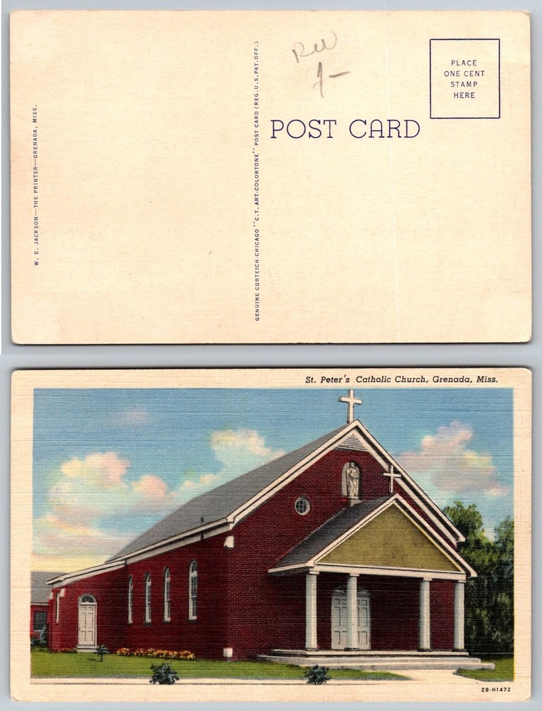 Vintage St. Peter's Catholic Church Grenada, Miss. Linen Postcard