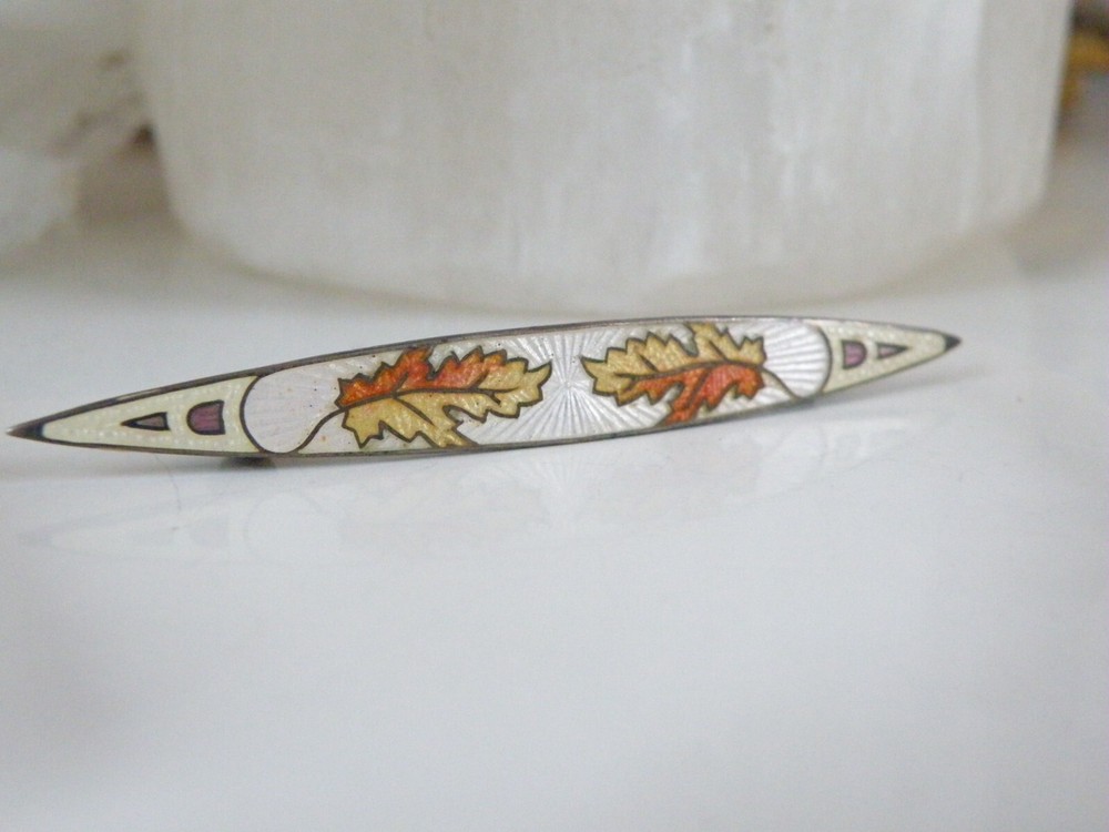 Vintage Sterling Silver 925 Antique Guilloche Enamel Leaf Pin Brooch