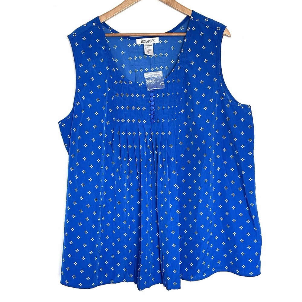 Roaman’s Plus Shirt Women’s Size 24W Blue White Geometric Sleeveless Top