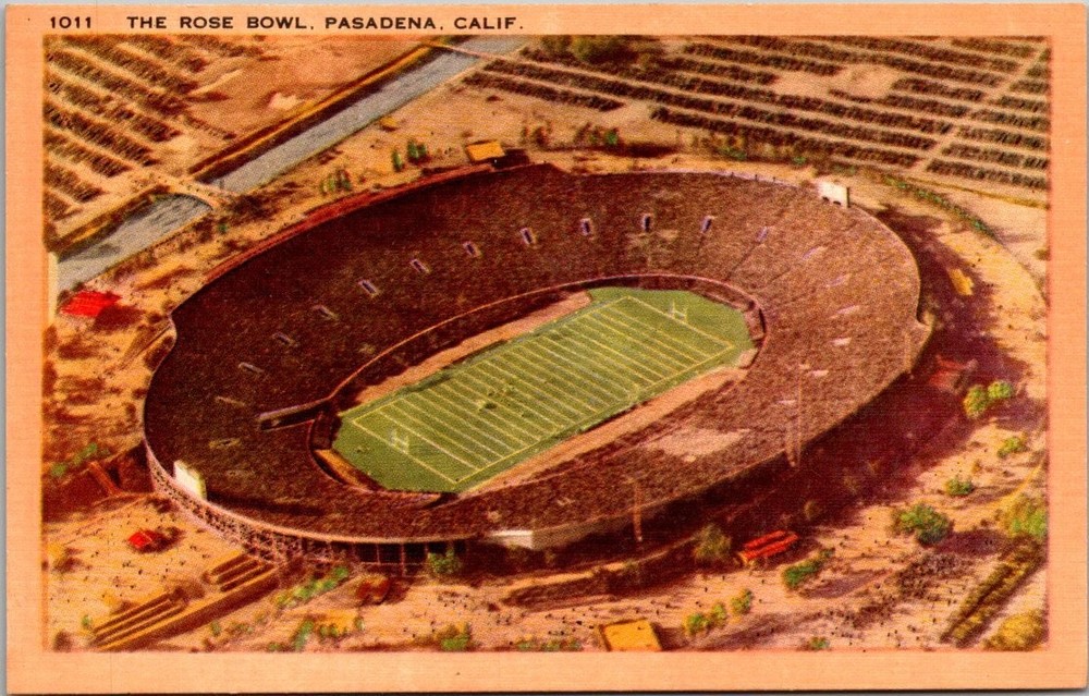 Vintage Rose Bowl Pasadena CA Aerial Linen Postcard Longshaw
