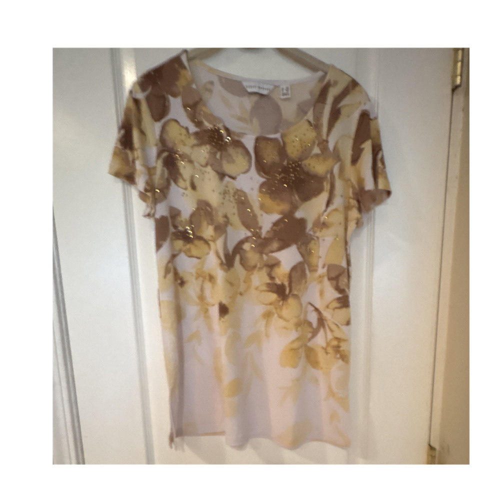 Susan Graver Liquid Knit Brown Floral Rhinestone Top Short Sleeve Women's SP