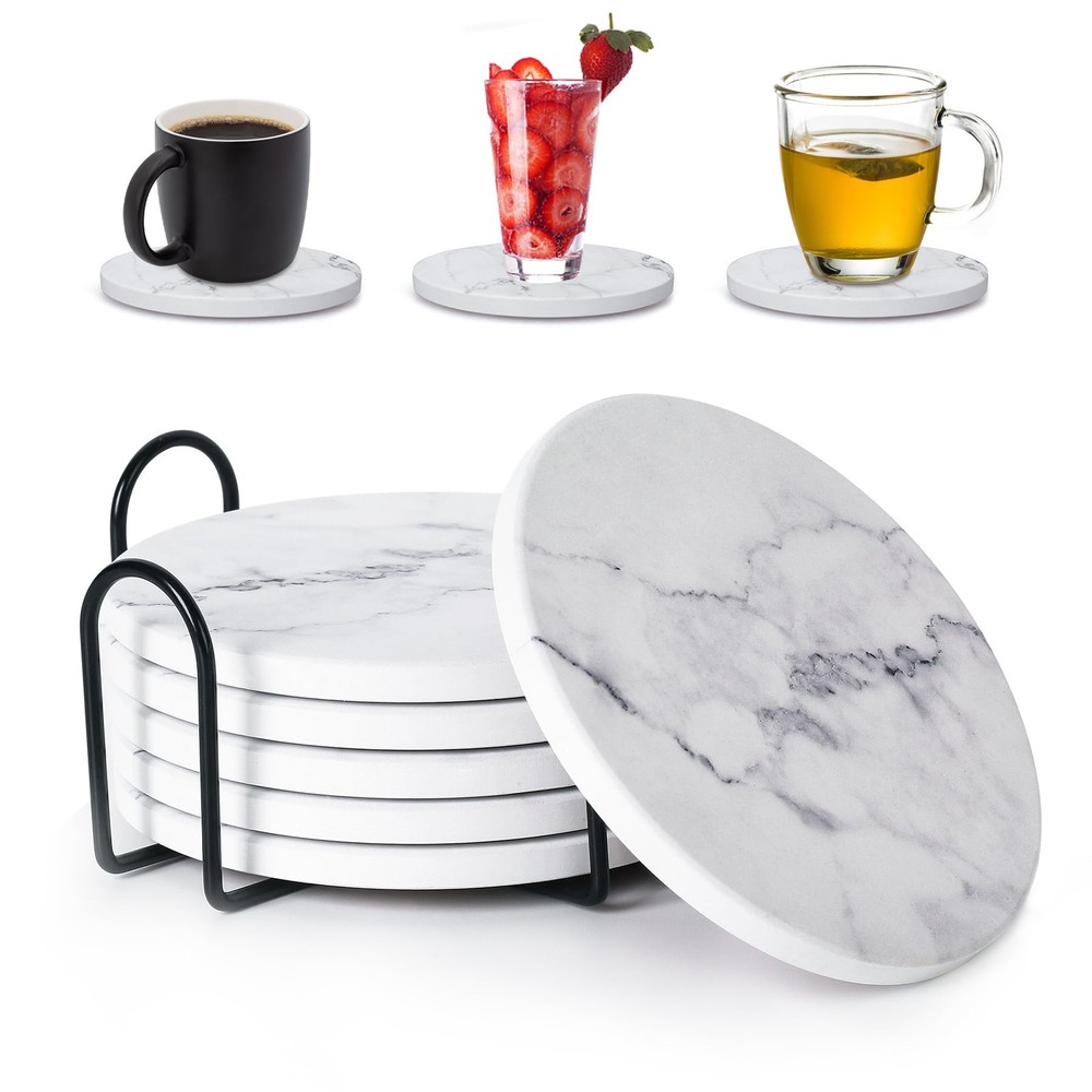 Absorbent Coasters for Drinks,Ceramic Coaster Set of 6 with White Marble