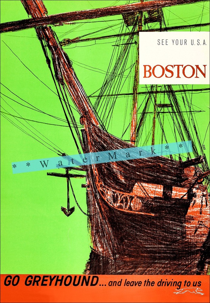 Boston Massachusetts Go Greyhound 1960 Vintage Poster Print Retro Style Travel
