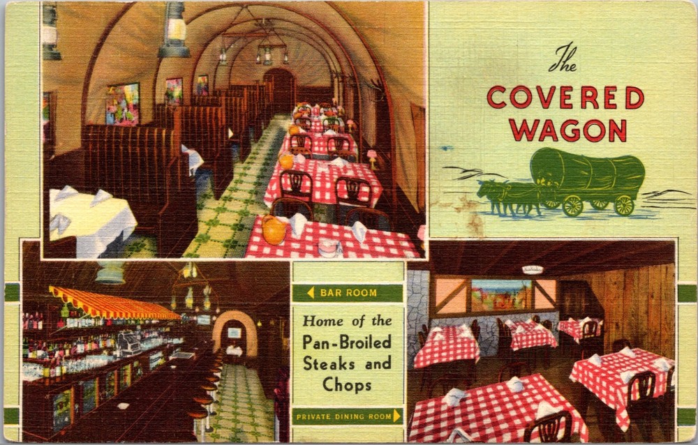 Covered Wagon Restaurant Chicago Illinois Linen Postcard 1940s Interior View
