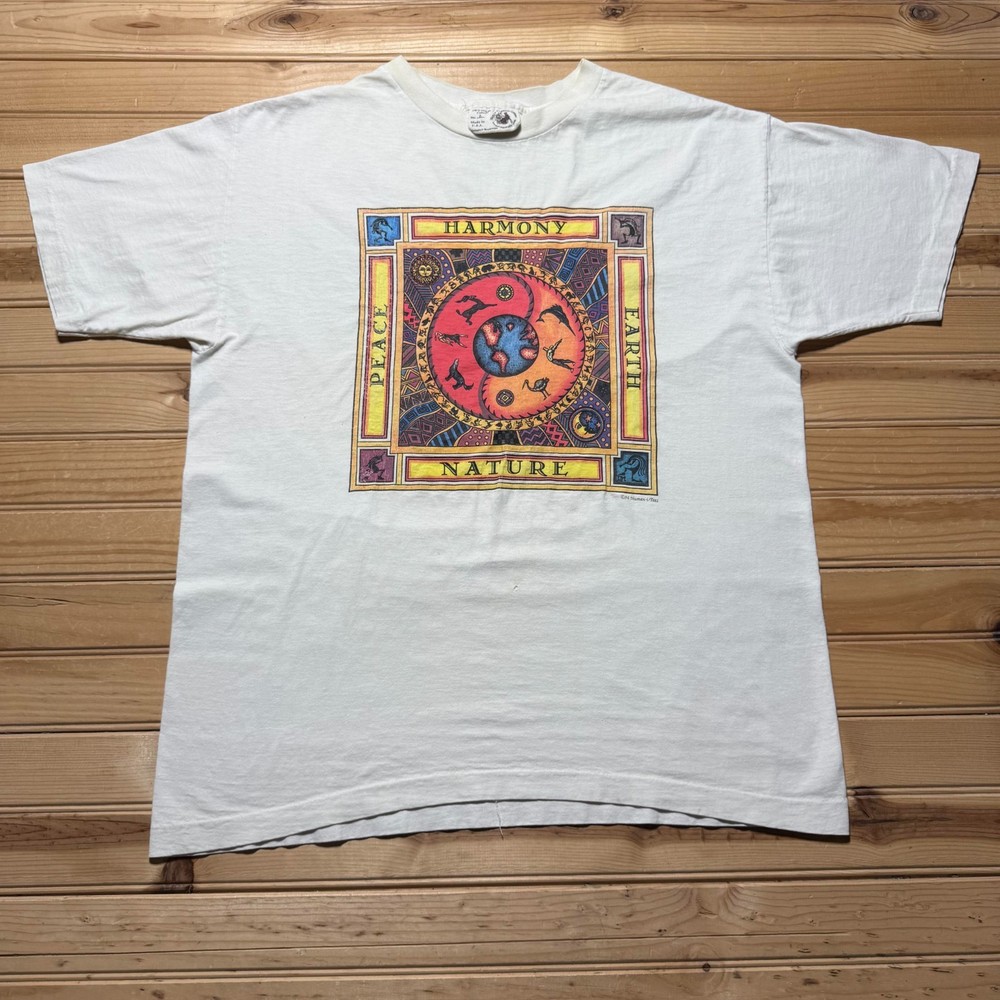 Vintage 90s Harmony Peace Earth Nature Global Aztec Graphic T-Shirt USA - Large