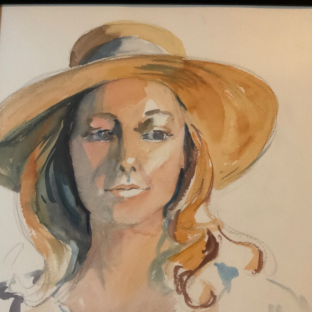 Vintage expressionist woman portrait original watercolor PAINTING framed signed