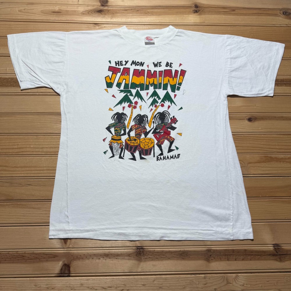Vintage 90s Hey Mon We Be Jammin Bahamas Rasta Reggae Music Graphic T-Shirt - XL