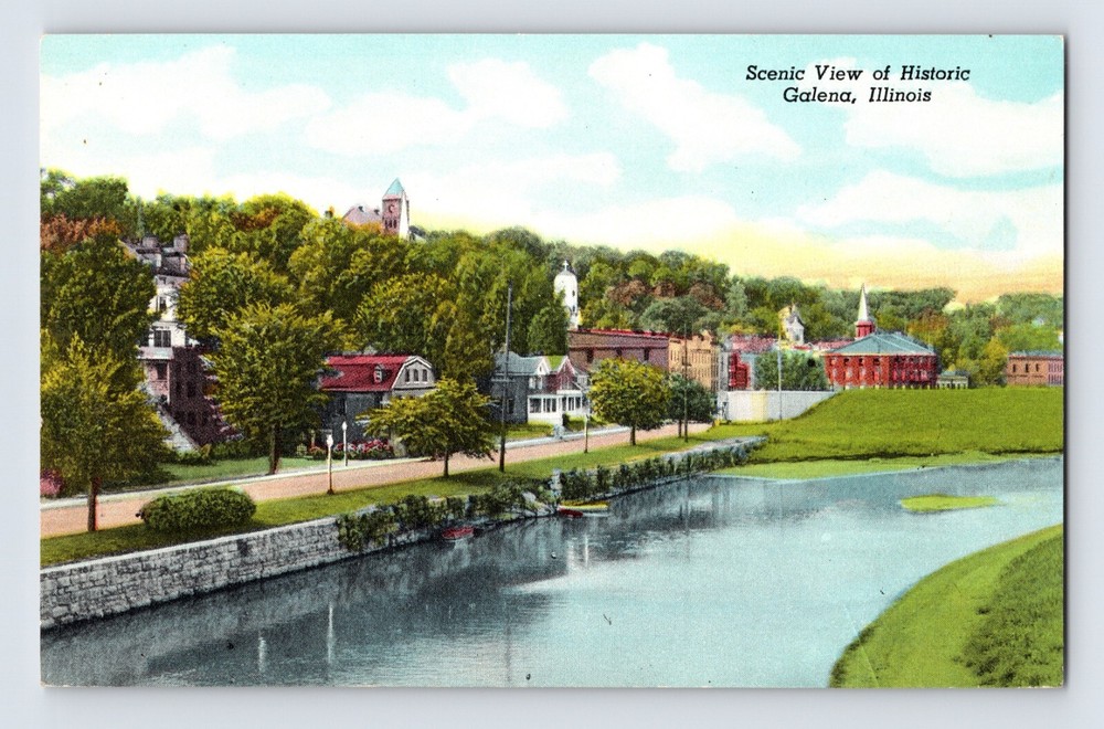 Postcard Illinois Galena IL Downtown River 1940s Unposted Chrome