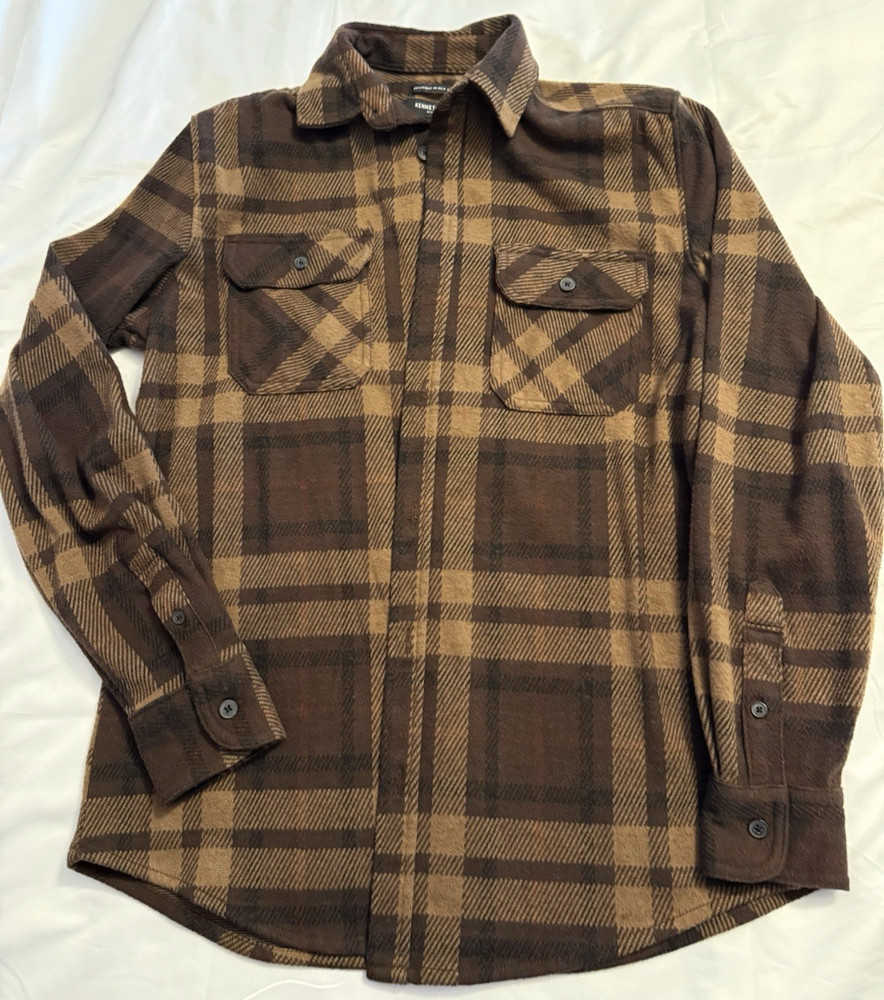 Kenneth Cole New York Slim Fit Flannel Shirt Men’s Sm Brown Plaid Rayon Soft