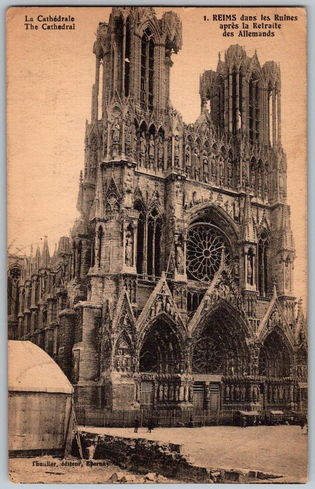 Antique Postcard Notre-dame Cathedral Wwi Ruins Reims, Fr 1910s