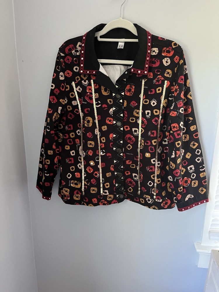 Thomas & Olivia Women's Jacket Black N Autumn Colors Long Sleeve Button Down XL