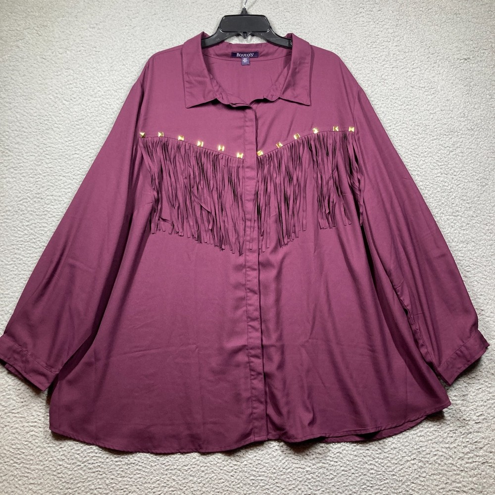Roamans Western Top Womens Plus 28W Purple Cowgirl Fringe Button Up Flowy Shirt