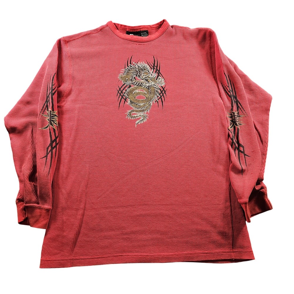 Street Culture Shirt Mens Extra Large Red Thermal Waffle Knit Dragon Tribal Y2K