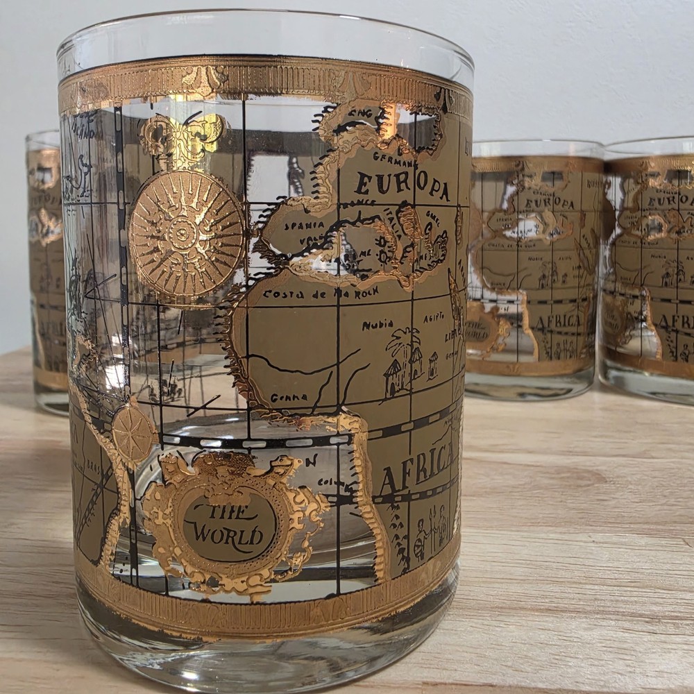 6 VTG Mid Century Cera 22K Gold World Atlas Maps Double Old Fashioned Glasses