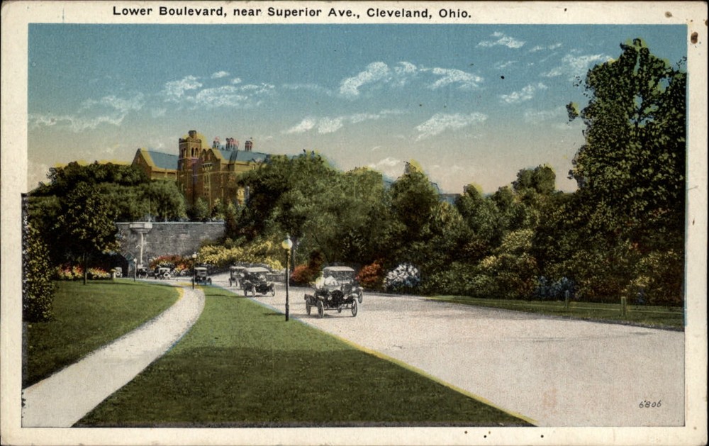 Lower Boulevard Cleveland Ohio near Superior Ave antique cars ~ 1920s postcard