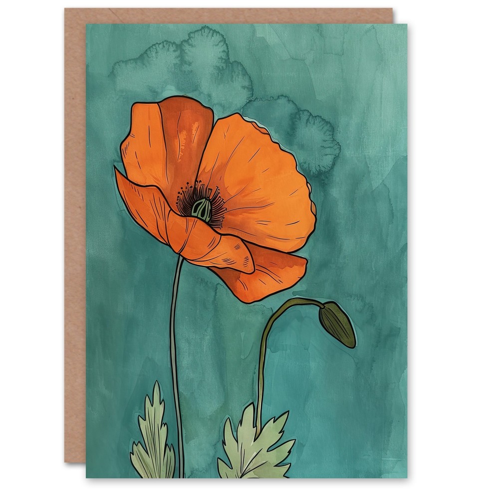 Greeting Card Poppy Flower Bloom Teal Orange Floral Watercolour Birthday