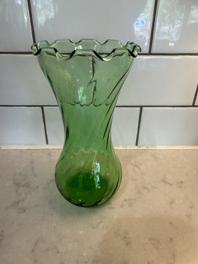 Glass Vase Swirl Optic 1970's Spring Green Glass Flower Vase w/ Ruffled Rim