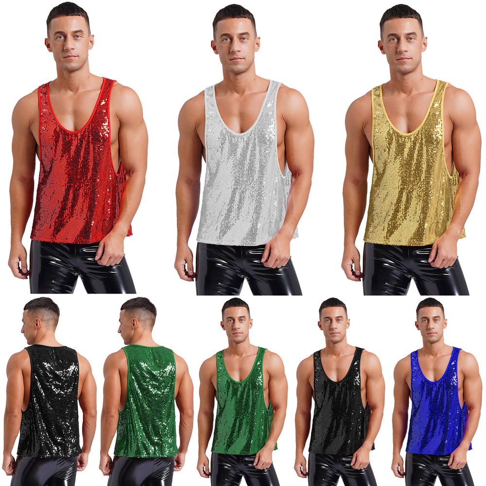 Mens Tank Tops Disco Blouse Muscle Undershirt Glitter Vest Party Top Summer Tee