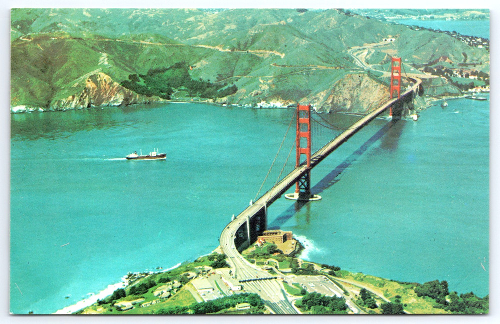 San Francisco California Golden Gate Bridge Boat Vintage Aerial Photo Postcard