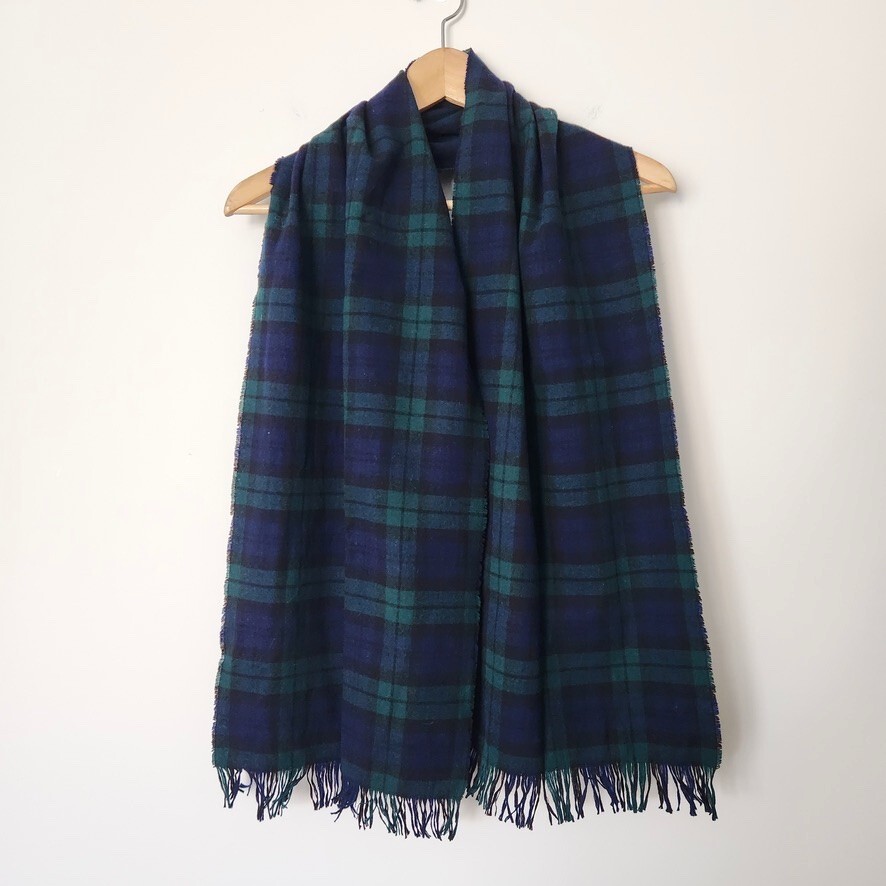 Vintage 90s Green Blue Plaid Fringe Scarf for Men Cozy Winter Checkered 12x60