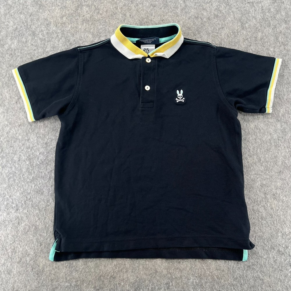 Psycho Bunny Oliver Neon Tipped Polo Black Kids Shirt M 10/12